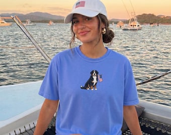 May include: A light blue t-shirt featuring a Bernese Mountain Dog holding an American flag. The dog is black, brown, and white. A white baseball cap with an American flag is also visible.