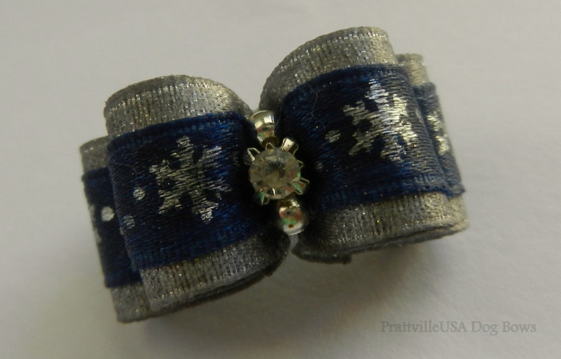 58 ~ Blue Silver Snowflake ~ Shih Tzu Top Knot Yorkie Dog Hair Bow