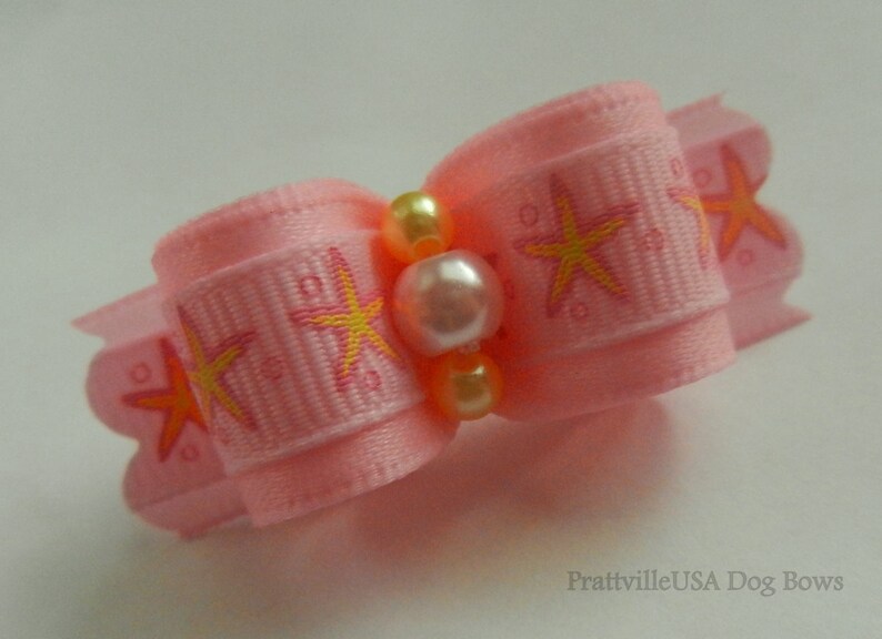 58 or 78 ~ Pink and Yellow Starfish ~ Shih Tzu Top Knot Yorkie Dog Hair Bow