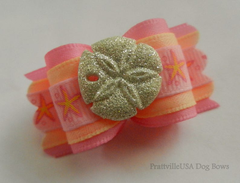 58 or 78 ~ Pink and Yellow Starfish ~ Shih Tzu Top Knot Yorkie Dog Hair Bow