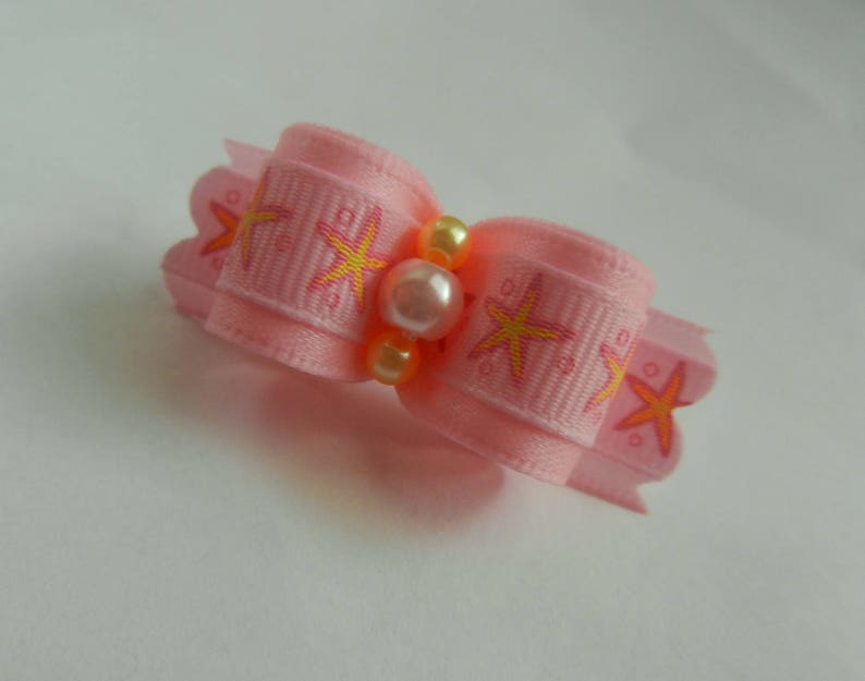 58 or 78 ~ Pink and Yellow Starfish ~ Shih Tzu Top Knot Yorkie Dog Hair Bow