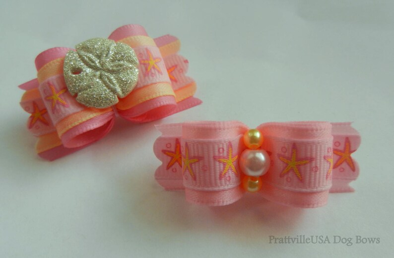 58 or 78 ~ Pink and Yellow Starfish ~ Shih Tzu Top Knot Yorkie Dog Hair Bow