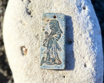 Antique Carved Stone Pendant with Figure and Asian Writing - Rare, One of a Kind - Asian Art, Jewelry, Stone Carving, Talisman