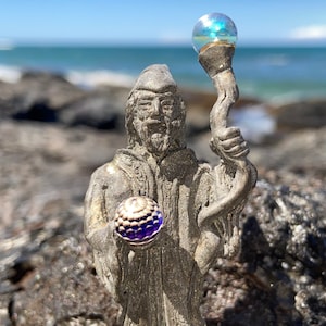 Mystical Wizard Figurine - Cast Pewter Magician Holding Faceted Blue Crystal Ball and Staff with Iridescent Glass Ball on Top - Fantasy Art