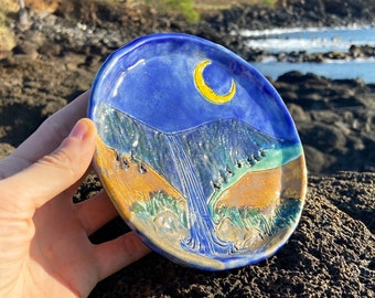 Hawaiian Waterfall Decorative Plate, Food Safe - Handmade Pottery Art Dish - Moon Face, Mountain, Valley, Trees, Meadow, Night Scene, Nature