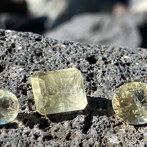 Large Heliodor Cut & Faceted Gemstone Lot. 7-12 mm. 3 gems. Rectangle and Oval shapes. Golden Beryl. 14.1 ct total. Stone of Happiness