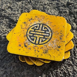 Posavasos dorados vintage - Juego de 5 - Arte asiático - Colección de posavasos decorativos lacados en negro y dorado con diseño geométrico para la buena fortuna