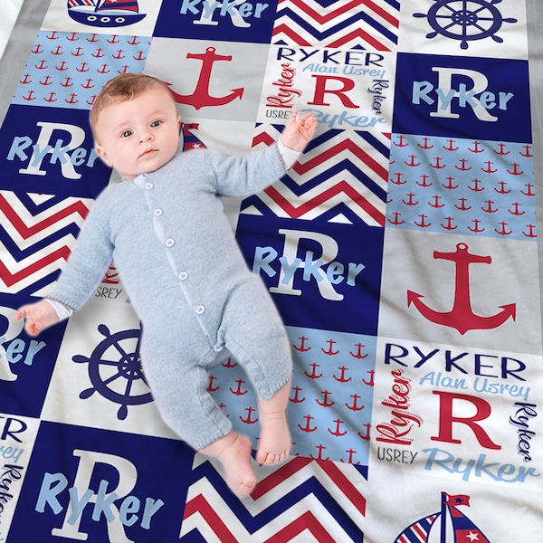Nautical Personalized Baby Blanket - Personalized Baby Boy Gift - Baby Shower Gift - Nautical Baby Bedding - Personalized Swaddling Blanket