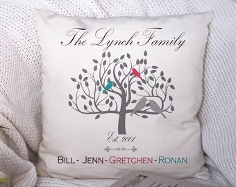 May include: A white throw pillow with a grey tree design and four birds. The text "The Lynch Family Est. 2001" and "Bill - Jenn - Gretchen - Ronan" is printed on the pillow.