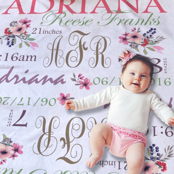 Baby Monogrammed Blanket - Custom Baby Blanket - Floral Baby Blanket - Baby Girl Gift Idea - Baby Crib Bedding - Swaddling Blanket Girl