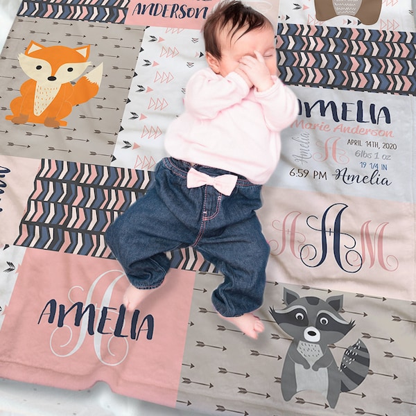Baby Girl Blanket Personalized, Name Baby Girl Blanket Woodland Forest, Baby Shower Baby Swaddle Personalized, Forest Animals Baby Blanket