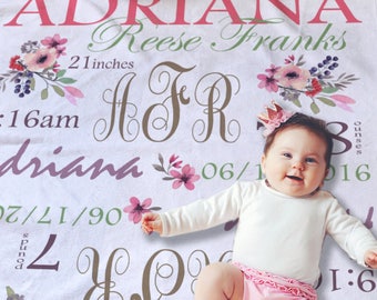Floral Baby Monogrammed Blanket - Custom Baby Blanket - Floral Baby Blanket