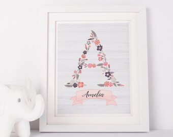 Baby Girl Nursery Wall Decor - Baby Name Wall Art - Personalized Baby Name Sign - Rustic Baby Nursery Print - Floral Initial Baby Name