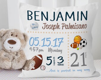 Sports Nursery Decor, Sports Baby Gift, Sports Baby Decor, Baby Stats Pillow, Sports Baby Bedding, Sports baby shower, Personalized Pillow