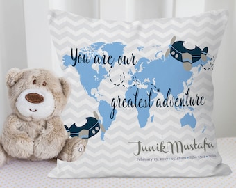 Nursery Throw Pillow, World Map Nursery Decor, You are Our Greatest Adventure, World Map Kids Room, Baby Throw Pillow, Baby Boy Shower Gift