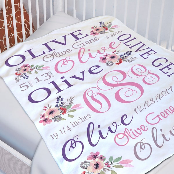 Baby Floral Personalized Blanket, Custom Baby Name Blanket, Floral Initial Blanket, Nursery Bedding, Personalized Baby Gift