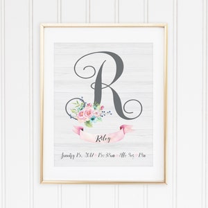 Baby Initial Wall Art, Personalized Baby Name Decor, Baby Girl Birth Stats Print, Floral Nursery Decor, Baby Girl Gift Idea, New Baby Gift