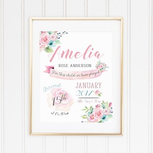 Floral Baby Wall Decor, Floral Birth Stats Print, Baby Girl Personalized Gift, Baby Girl Decor For Nursery, Baby Announcement Sign