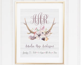 Baby Monogram Birth Stats Wall Art, Personalized Woodland Baby Sign, Baby Girl Monogram, Woodland Baby Nursery Sign, Deer Antlers Wall Art