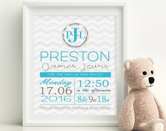 Baby Birth Stats Wall Art - Baby Boy Nursery Gift - Personalized Nursery Art - New Baby Gift - Birth Stats Print - Baby Boy - New Baby Gift