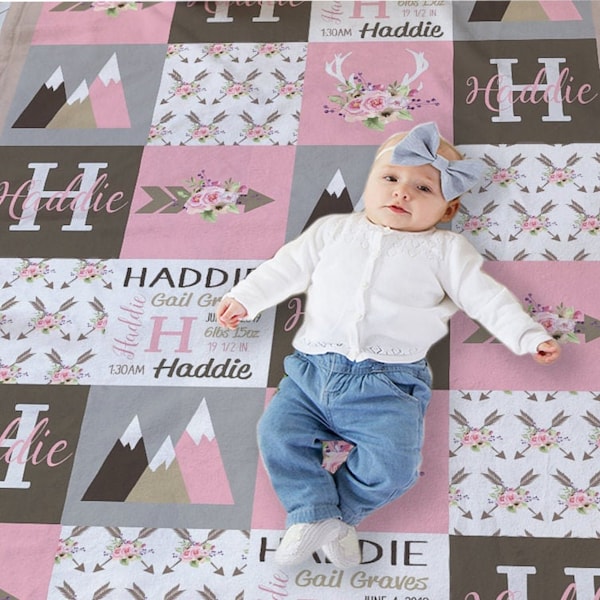 Baby Girl Blanket Personalized, Name Baby Girl Blanket Woodland Forest, Girl Baby Shower Baby Swaddle Personalized, Woodland Baby Blanket