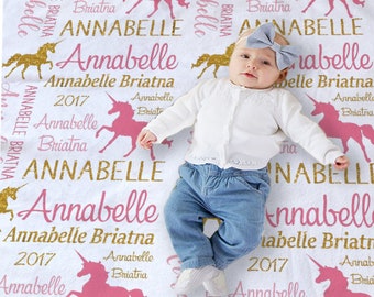 Personalized Unicorn Baby Blanket - Baby Girl Blanket Personalized with Name - Faux Gold Baby Decor - Baby Shower Girl Gift Idea