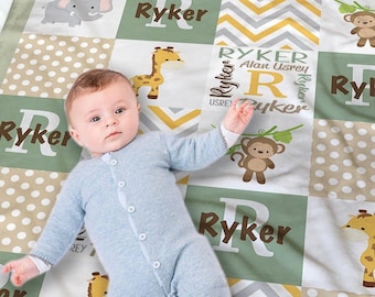 Safari Personalized Baby Blanket - Personalized Baby Boy Gift - Baby Shower Gift - African Safari Baby Bedding - Swaddling Blanket