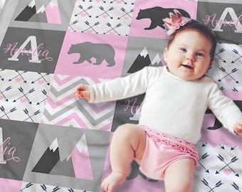 Personalized Woodland Baby Blanket for Girl, Personalized Name Blanket, Faux Patchwork Baby Bedding, Woodland Baby Shower Gift