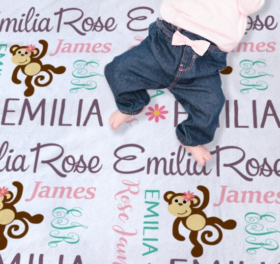 Monkey Baby Blanket - Personalized Baby Name Blanket - Baby Crib Blanket - Unique Baby Gift - Baby Girl Gift - Baby Picture Prop - New Baby