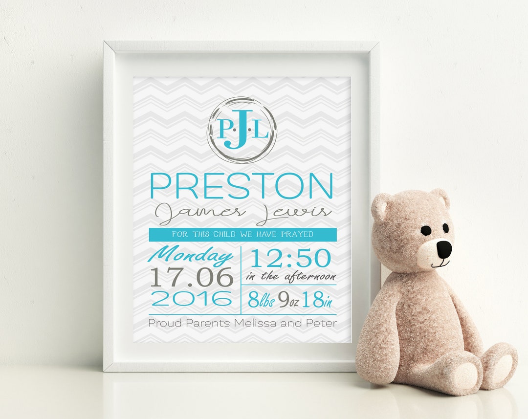 Baby Birth Stats Wall Art - Baby Boy Nursery Gift - Personalized ...