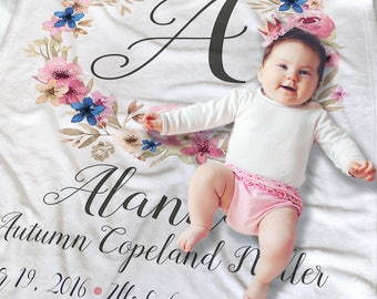 Baby Monogrammed Blanket - Baby Name Blanket - Newborn Baby Blanket - Personalized Baby Blanket - Crib Blanket - Floral Baby Blanket