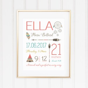 May include: A framed print with the name "ELLA" in coral, featuring birth details. Includes a dreamcatcher, arrow, and teepee illustrations. The print shows a birth date of June 17, 2017, 21 inches, and 9 lbs 12 ounces.