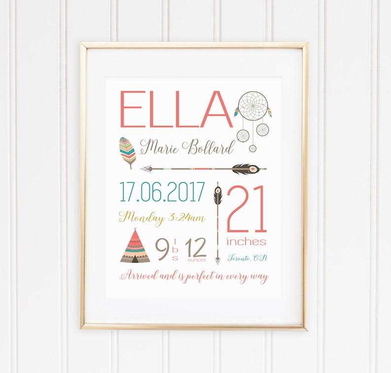 May include: A framed print with the name "ELLA" in coral, featuring birth details. Includes a dreamcatcher, arrow, and teepee illustrations. The print shows a birth date of June 17, 2017, 21 inches, and 9 lbs 12 ounces.