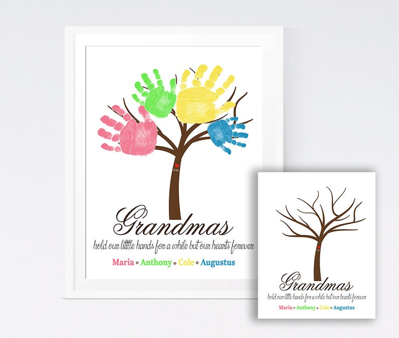 May include: A printable handprint tree art design with the text "Grandmas hold our little hands for a while but our hearts forever" and the names Maria, Anthony, Cole, and Augustus.