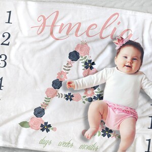 Floral Milestone Blanket, Floral Monogram Baby Blanket, Baby Girl Shower Gift, Monthly Baby Blanket, Floral baby Bedding, Baby Swaddle