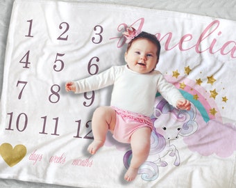 Unicorn Milestone Blanket Personalized with Baby Name, Baby Girl Shower Gift, Monthly Baby Blanket, Unicorn baby Bedding, Baby Swaddle