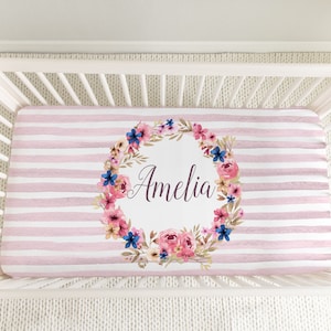 Baby Monogrammed Crib Sheet, Baby Name Fitted Sheet, Newborn Baby Crib Sheet, Personalized Baby Crib Bedding, Floral Baby Bedding for Girl