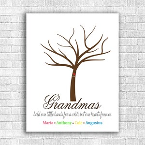 May include: A printable art print with a brown tree silhouette and the text "Grandmas hold our little hands for a while but our hearts forever" and the names "Maria, Anthony, Cole, Augustus" in different colors.