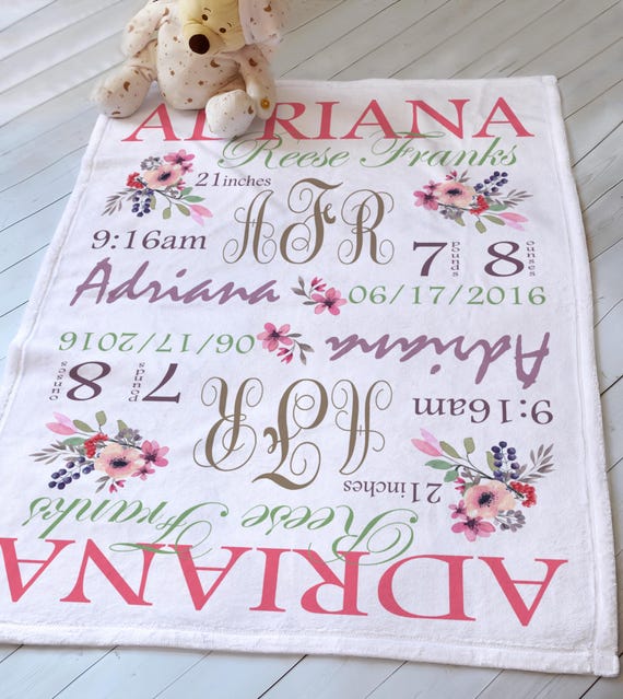 Baby Monogrammed Blanket - Custom Baby Blanket - Floral Baby Blanket - Baby Girl Gift Idea - Baby Crib Bedding - Swaddling Blanket Girl