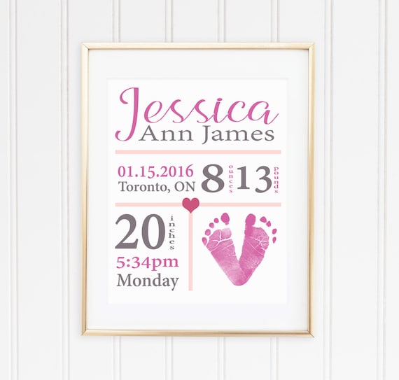 New Baby Art Print - Baby Birth Stats Print - Footprint Keepsake Print - Baby Footprint Wall Art - Baby Announcement Gift - Baby Name Print