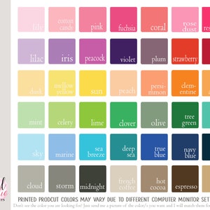 May include: A color chart with 48 different color swatches, each labeled with a name. The colors are arranged in rows and columns, and the names are printed in white text on a black background.