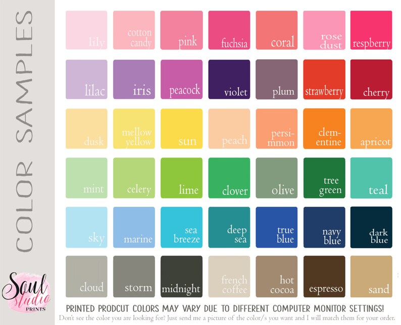 May include: A color chart with 48 different color swatches, each labeled with a name. The colors are arranged in rows and columns, and the names are printed in white text on a black background.