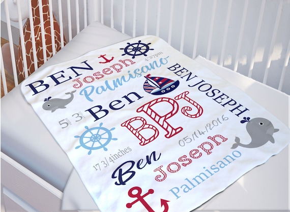 Nautical Baby Name Blanket - Baby Birth Stats - Custom Baby Blanket - Nautical Baby Bedding - Monogrammed baby Blanket - Christmas Baby Gift