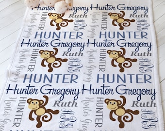Personalized Monkey Baby Blanket - Custom Baby Name Blanket - Newborn Blanket - Monogrammed Baby Blanket - Baby Blanket for Boys - Boy Gift