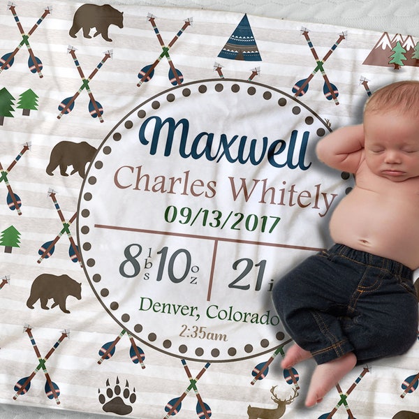 Personalized Baby Blanket - Woodland Baby Blanket -  Bears Baby Bedding - Personalized Baby Swaddle - Birth Stats Baby Gift - Newborn Prop