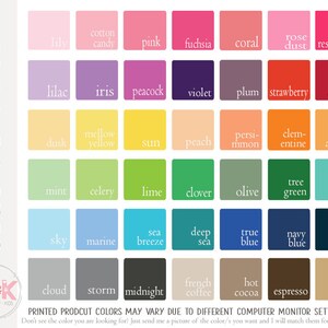 May include: A color chart with a variety of hues, including pinks, purples, yellows, greens, blues, and browns. Each color is labeled with its name, such as "lily," "pink," "violet," and "navy blue." The text "COLOR SAMPLES" is at the top.