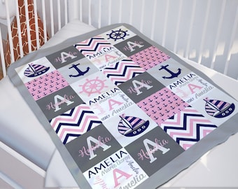 Personalized Nautical Baby Blanket for Girl, Custom Name Blanket, Faux Patchwork Baby Bedding, Nautical Baby Shower Gift