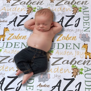 Safari Baby Blanket - Personalized Baby Name Swaddle - Elephant blanket - Safari Baby Bedding - Baby Boy Blanket - Safari Nursery Decor