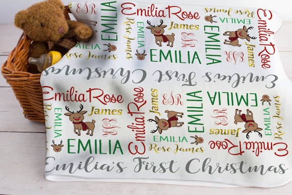 First Christmas Baby Blanket - Personalized Baby Blanket - Christmas Baby Gift - New Baby Gift - Baby Shower Gift - Reindeer Name Blaneket