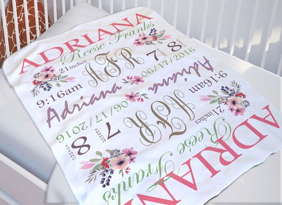 Floral Baby Monogrammed Blanket - Custom Baby Blanket - Floral Baby Blanket